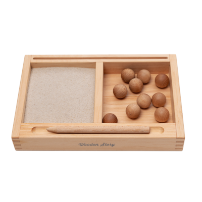 MONTESSORI 2a PARTS SAND TRAY WITH FLASHCARD HOLDER with sand and balls